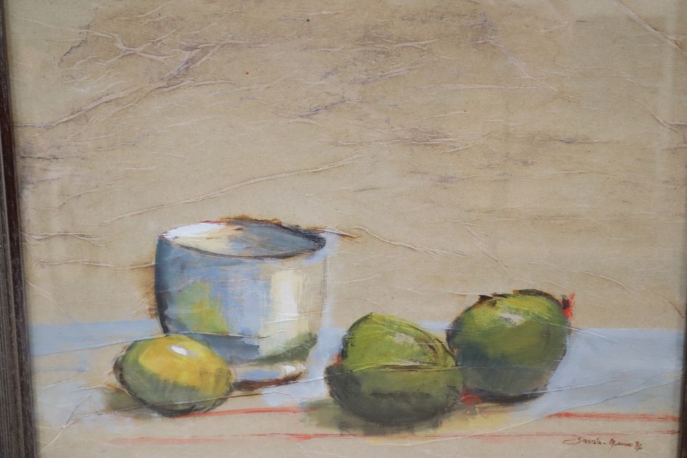 Continental School, mixed media on parchment paper, Still life, indistinctly signed, 28 x 37cm